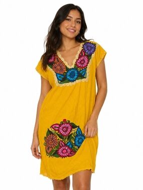 Artesanias Enid Yellow Embroidered Floral Mexican Tunic Dress Boho Folk Festival